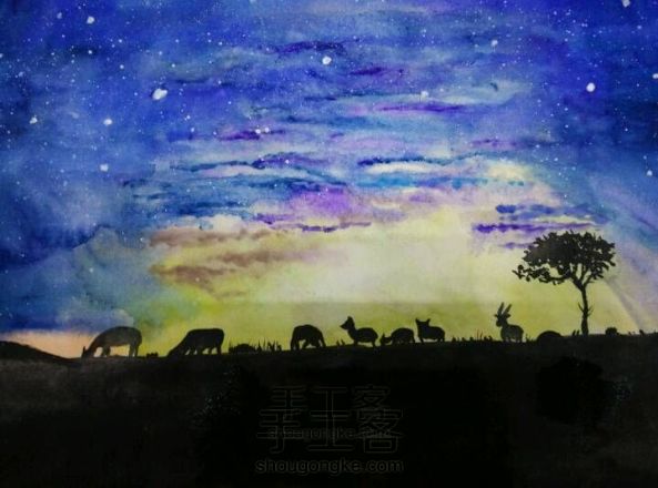 水彩手绘(临摹)——星空下的鹿