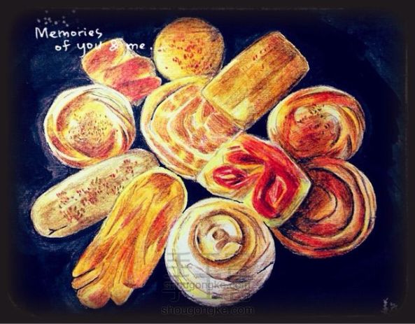 最平常的大饼和面包的彩铅画