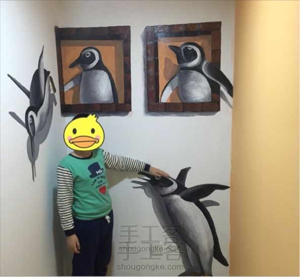 3D企鹅家族手绘墙画