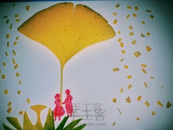 风雨同舟，用银杏叶做树叶画给新婚朋友送祝福