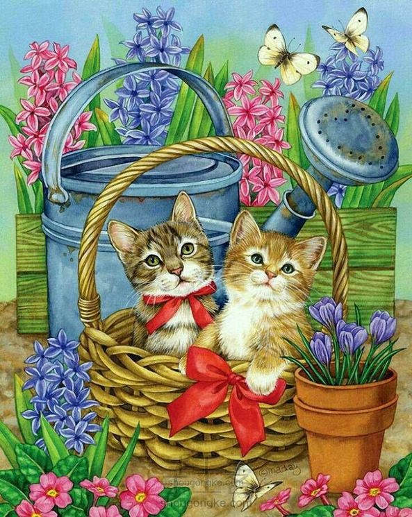 彩铅装饰画 花•花猫