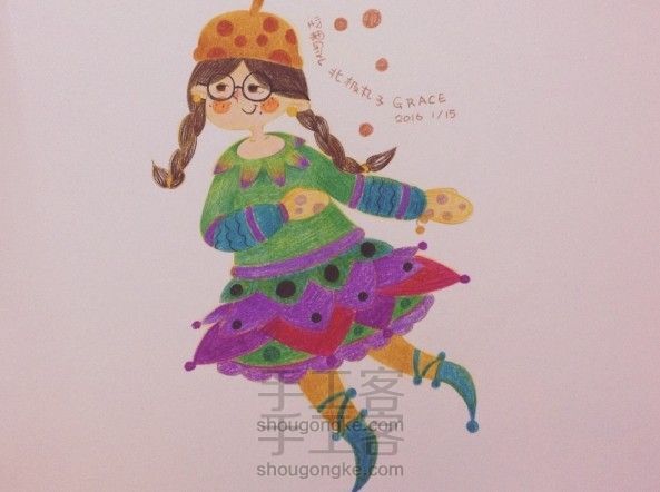 【插画】北极丸子的坚果姑娘彩铅插画步骤图