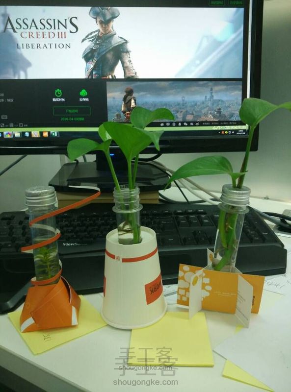 春天来了,名片卡纸,一次性纸杯,玻璃瓶,糖果罐,变身花瓶吧!