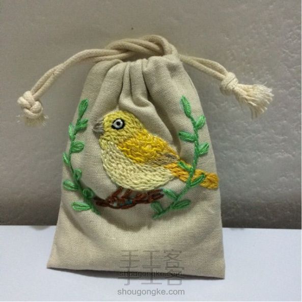 小鸟刺绣束口袋