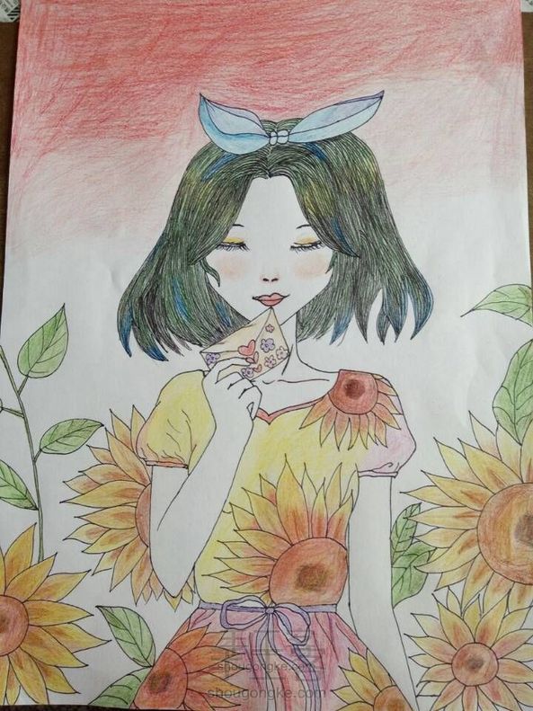 葵花少女彩铅画