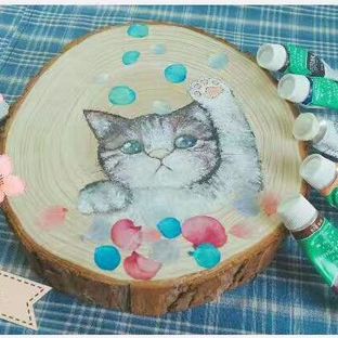 家居装饰/创意礼物DIY——原木手绘 小花与喵~