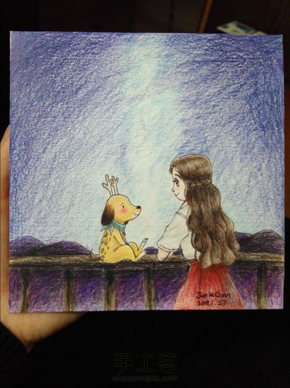 彩铅画——星空女孩和小狗，主页有教程❤ 第1张