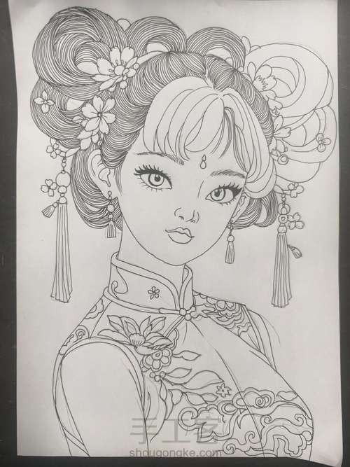 古风美女线描画方法 第5步