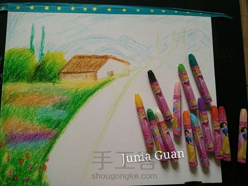油画棒花海•﹏•厉害啦我的姐！原来油画棒还可以这么用，漂亮了 第5步