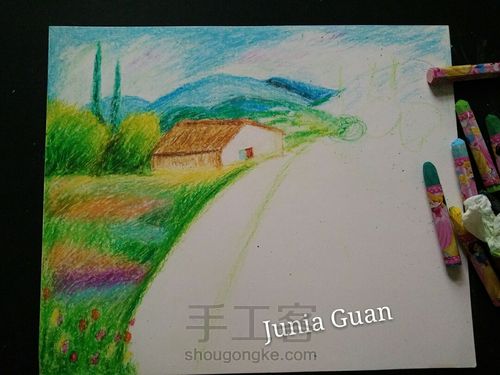 油画棒花海•﹏•厉害啦我的姐！原来油画棒还可以这么用，漂亮了 第6步