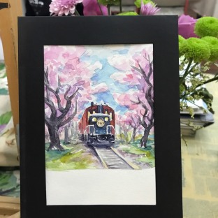 手绘水彩明信片：樱花树下的小火车