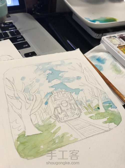 手绘水彩明信片：樱花树下的小火车 第1步