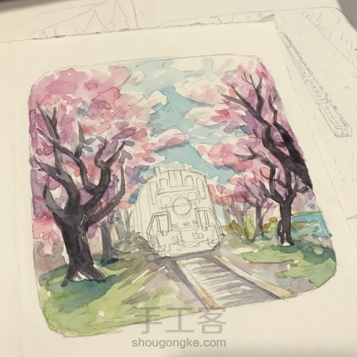 手绘水彩明信片：樱花树下的小火车 第6步