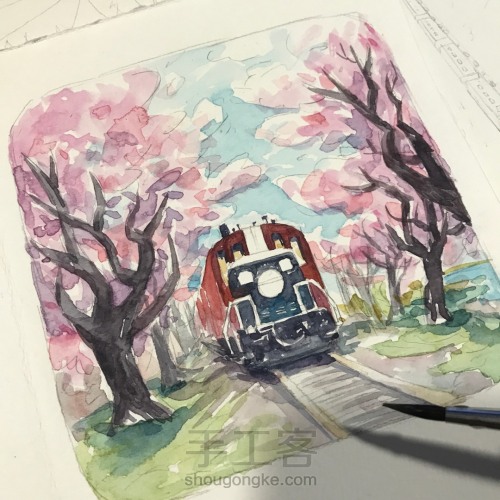 手绘水彩明信片：樱花树下的小火车 第7步