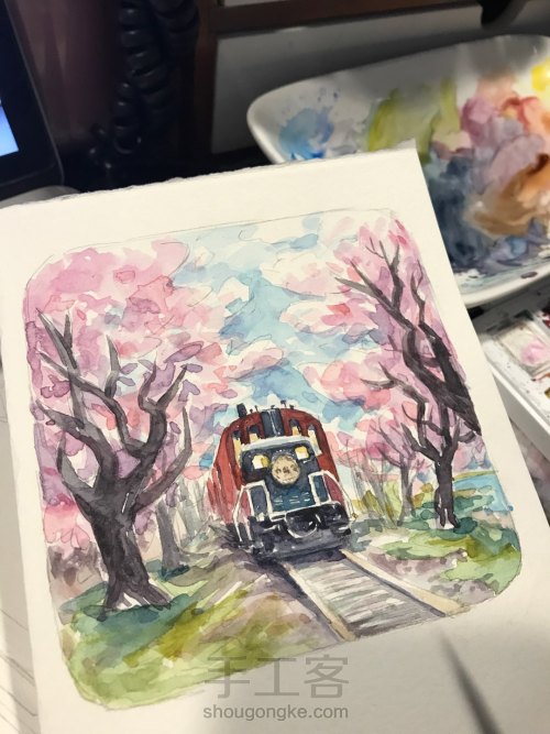 手绘水彩明信片：樱花树下的小火车 第8步