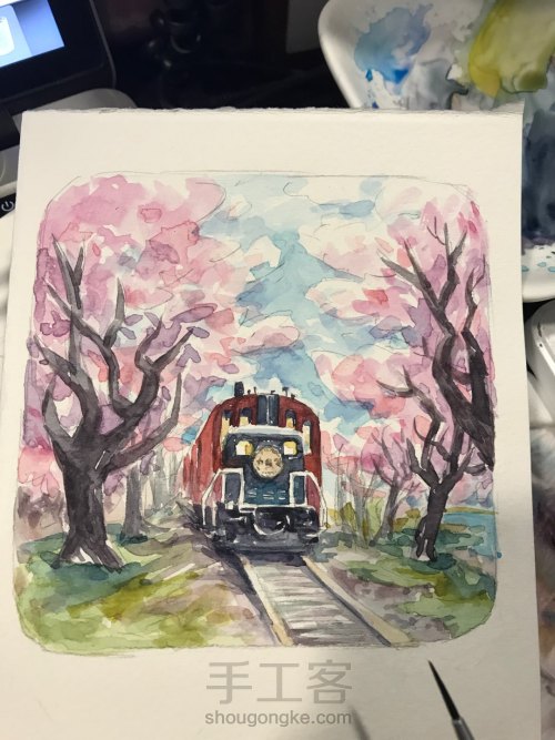 手绘水彩明信片：樱花树下的小火车 第9步