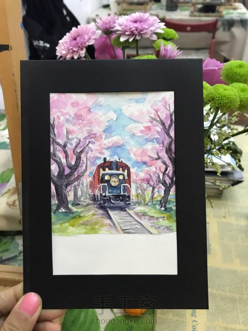 手绘水彩明信片：樱花树下的小火车 第10步