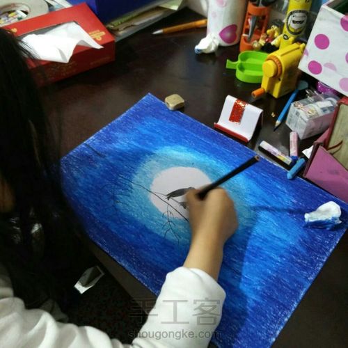 油画棒手绘《月光下的小鸟》 第6步