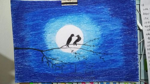 油画棒手绘《月光下的小鸟》 第7步