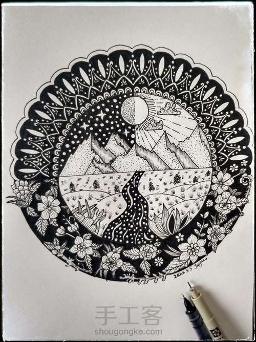 禅绕画（圆形与花的组合） 第9步