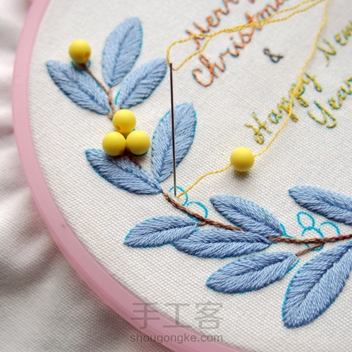 圣诞新年款糖果色冬青花环刺绣 第14步