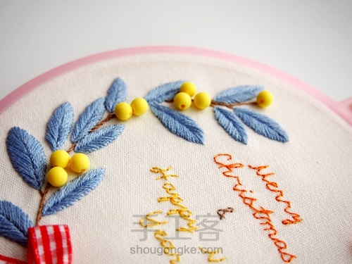 圣诞新年款糖果色冬青花环刺绣 第19步
