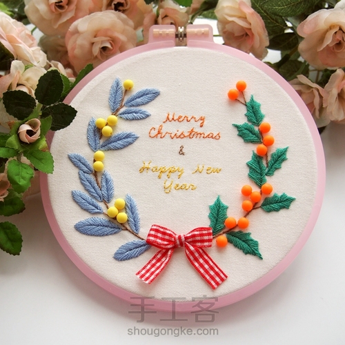 圣诞新年款糖果色冬青花环刺绣 第23步