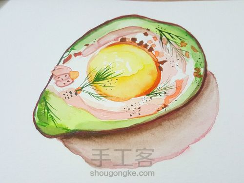 牛油果培根煎蛋水彩画 第1步