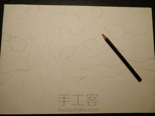梵高的星空线描、彩铅改版绘画过程 第3步