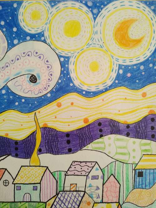 梵高的星空线描、彩铅改版绘画过程 第8步