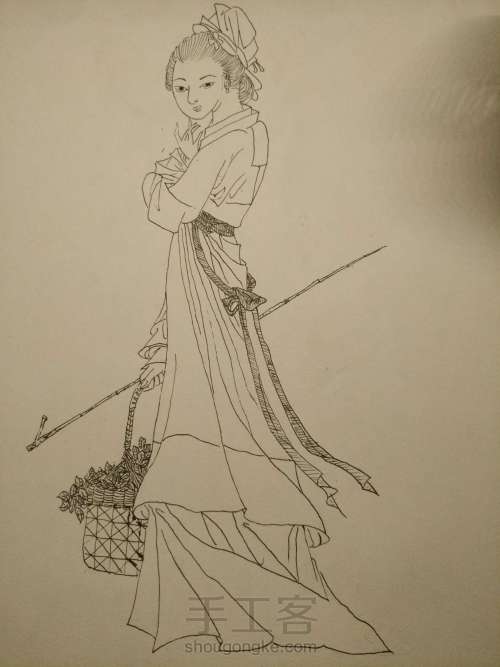 线描古风侍女图绘画过程 第2步