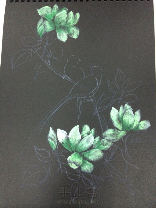 原创欧式彩绘--玉兰花与寿带 第3步