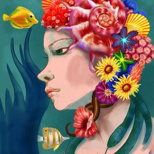 手绘戴海螺海葵海星贝壳等配饰海的女儿