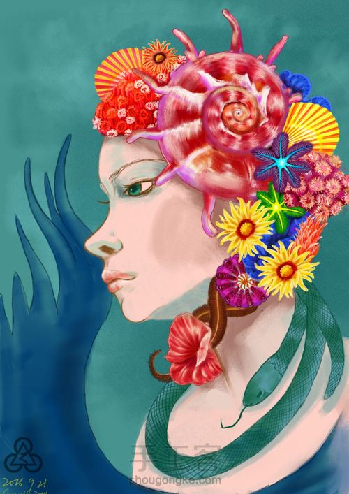 手绘戴海螺海葵海星贝壳等配饰海的女儿 第10步