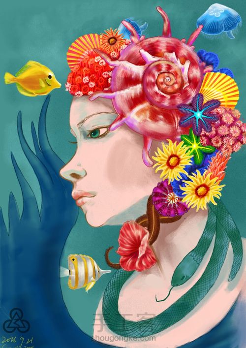 手绘戴海螺海葵海星贝壳等配饰海的女儿 第11步