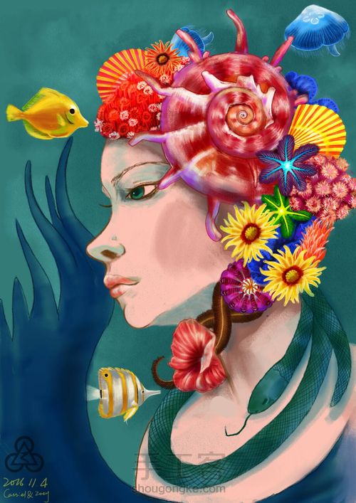 手绘戴海螺海葵海星贝壳等配饰海的女儿 第12步