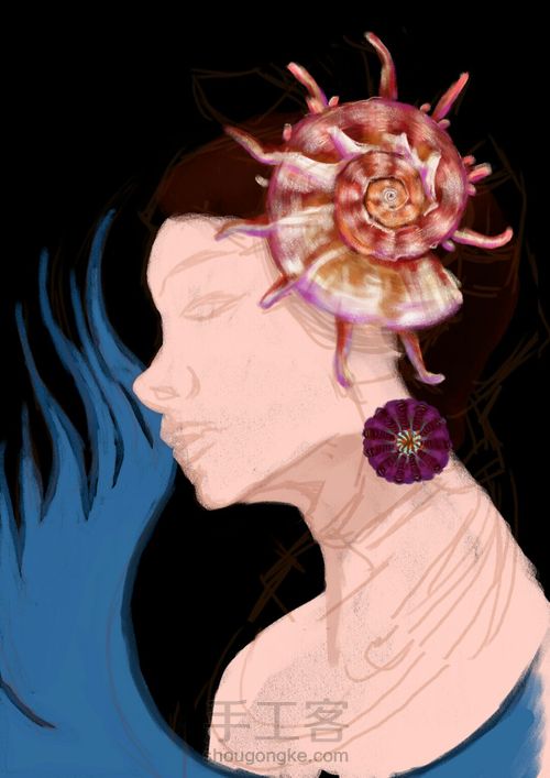 手绘戴海螺海葵海星贝壳等配饰海的女儿 第2步
