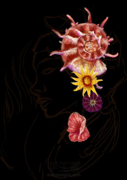 手绘戴海螺海葵海星贝壳等配饰海的女儿 第3步