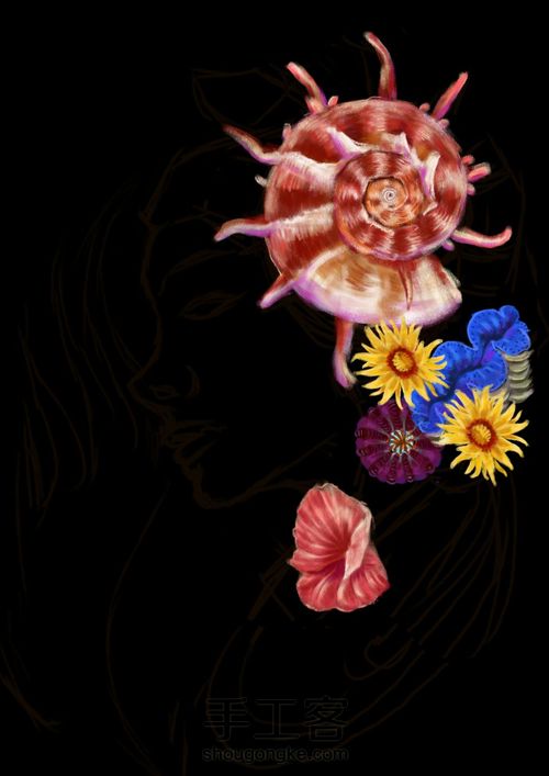 手绘戴海螺海葵海星贝壳等配饰海的女儿 第4步