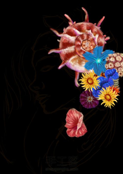 手绘戴海螺海葵海星贝壳等配饰海的女儿 第5步