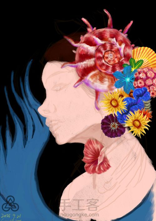 手绘戴海螺海葵海星贝壳等配饰海的女儿 第6步