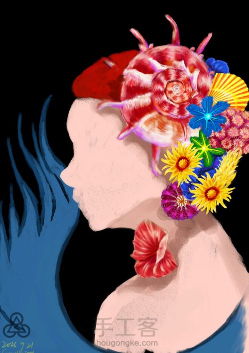 手绘戴海螺海葵海星贝壳等配饰海的女儿 第7步