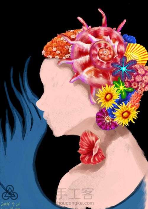 手绘戴海螺海葵海星贝壳等配饰海的女儿 第8步