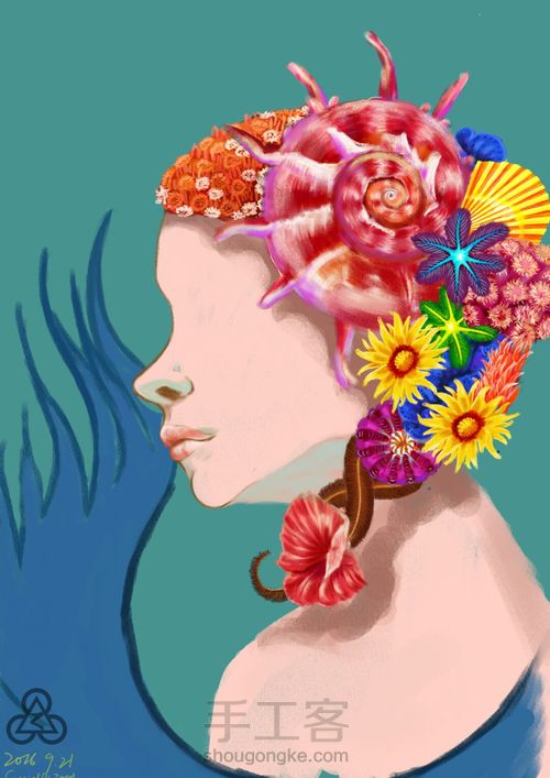 手绘戴海螺海葵海星贝壳等配饰海的女儿 第9步