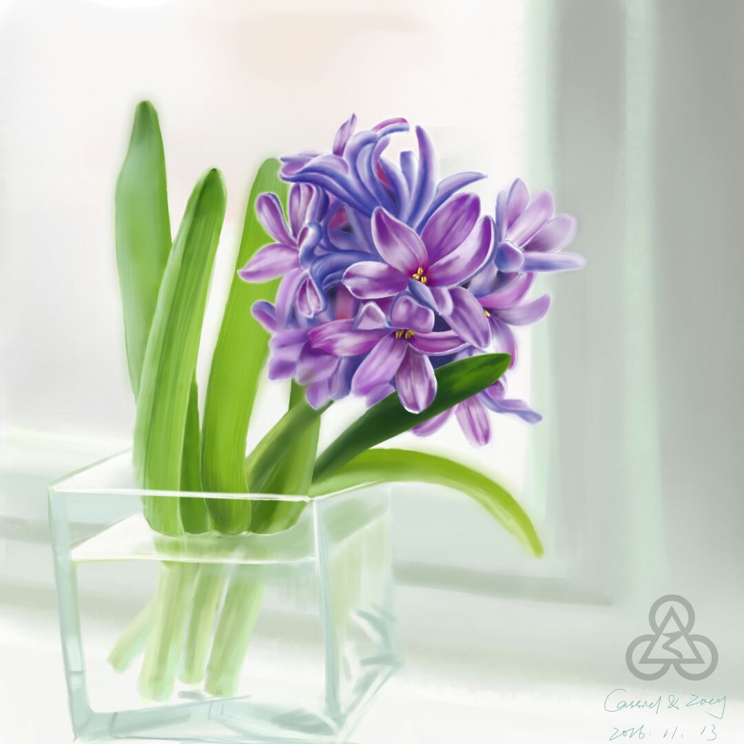 第一遍画的花，颜色太妖艳；然后又重画了一遍淡淡的蓝紫色花，感觉画面和谐多了