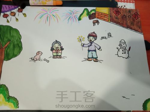 快乐春节儿童画 第1步