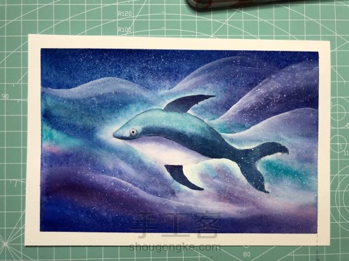 【原创】水彩零基础星空图 海蓝见鲸🐳 第18步