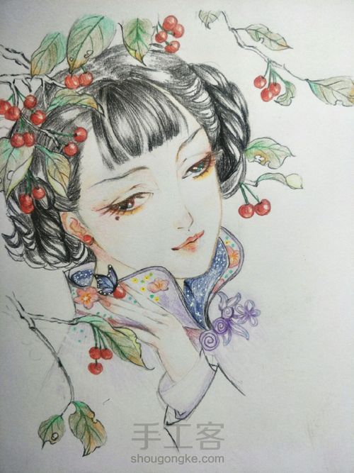 古风，樱桃红了彩铅教程 第8步