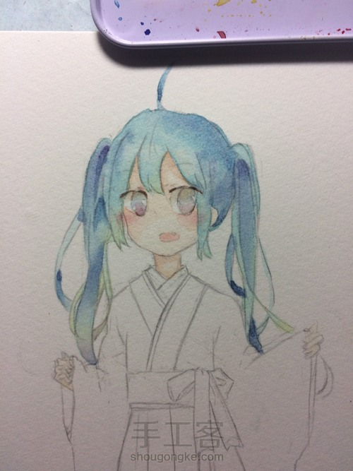 水彩一只初音吧 第4步