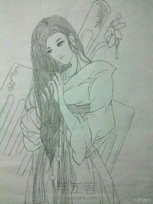 仕女图工笔画水墨画卡通画手绘 第2步